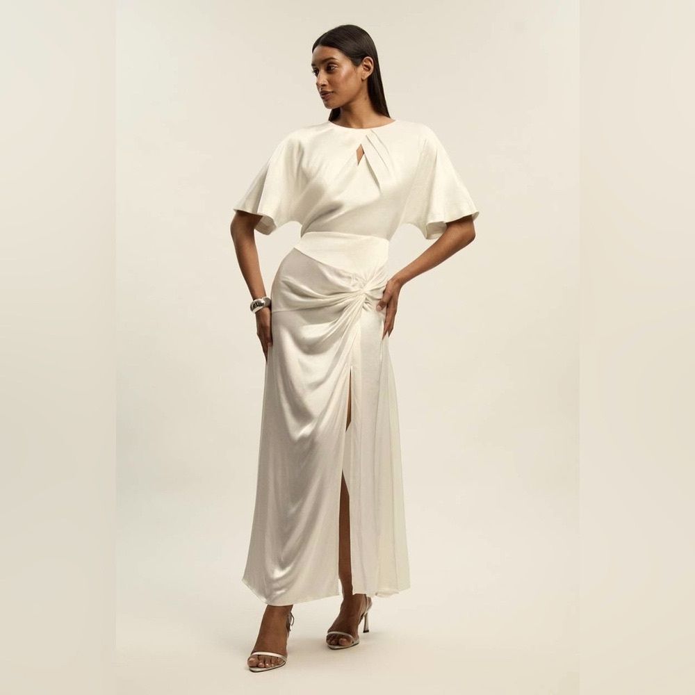 NWT Karen Millen Satin Back Crepe Twist Detail Woven Midaxi Dress in Ivory